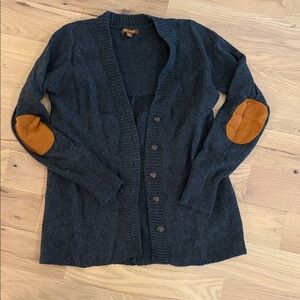 Women's Dark Grey Cardigan Sweater with Tan Elbow Rider Patches